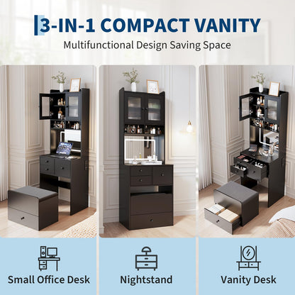 Garvee 3 in 1 Vanity Desk with LED Light, Tall Makeup Vanity Set with 2 AC Outlets & USB-c, Dressing Table with Drawers & Acrylic Doors, Nightstand Vanity Mirror, Jewelry Box, Cushioned Chair, Black