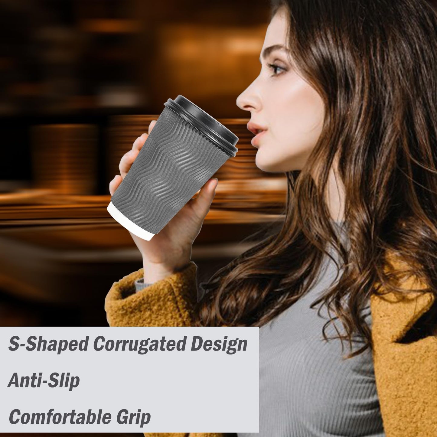 Lamosi 50 Pack 16 oz Insulated Disposable Coffee Cups with Lids, To Go Paper Coffee Cups with Lids, Corrugated Ripple Wall Cup for Hot Drink, Office, Coffee Bar