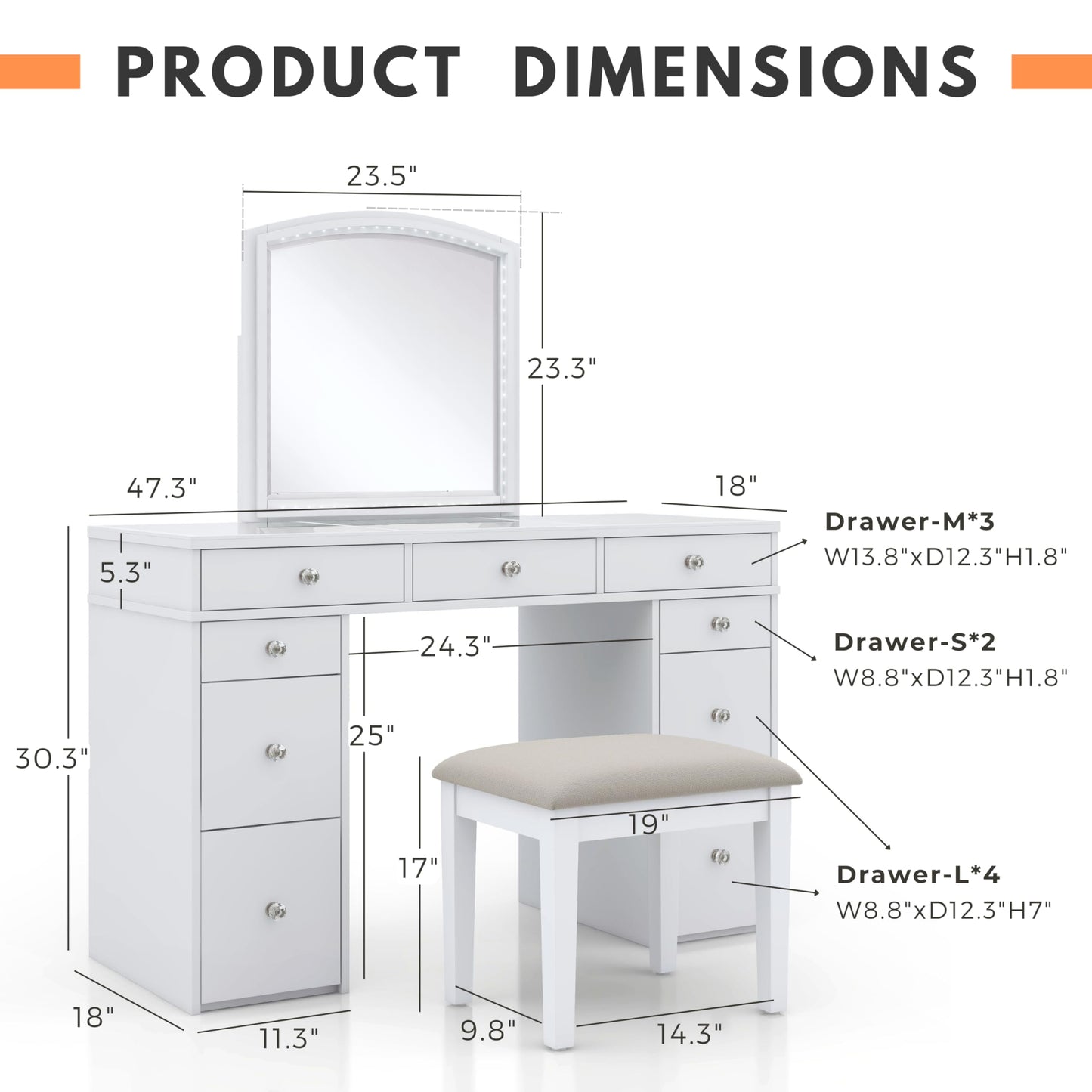 24/7 Shop at Home Juno Modern White Vanity Desk with Mirror and LED Lights, Makeup Table with 9 Drawers, Upholstered Stool with Wood Legs, Bedroom Furniture Set, Dressing Room, Youth Room