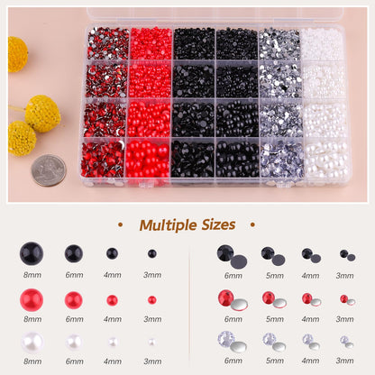 14000PCS Flatback Pearls and Rhinestones for Bedazzling Kit, Red White Black 3-10mm Resin Rhinestones and Half Pearls for Crafting, Nail Art Crafts Dec with 3pcs B7000 Jewelry Glue