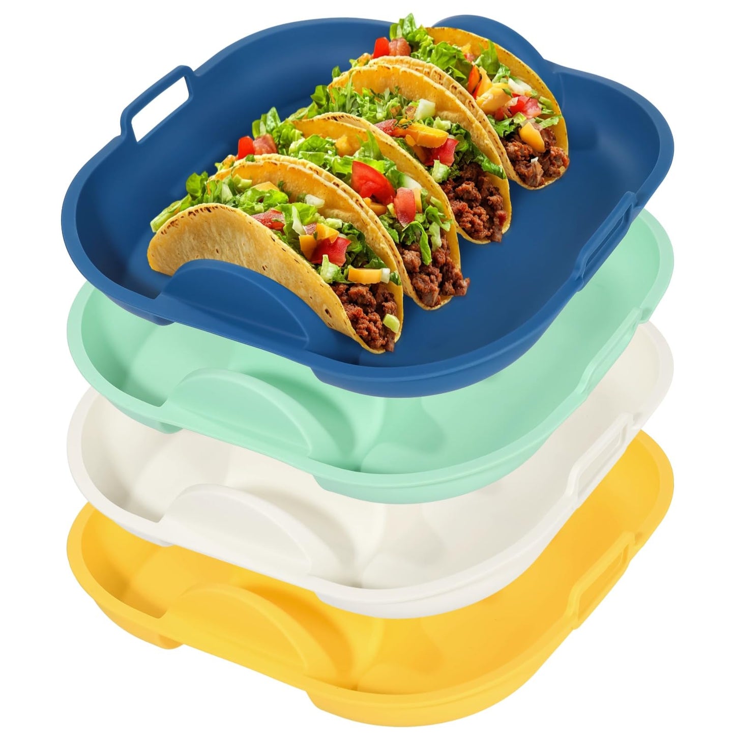 4 Pack Silicone Taco Holder Plates, 4 Slots Reusable Silicone Taco Holder, 4 Dividers Taco Stand with Handles, Large Taco Serving Tray for Party, Microwave Oven Dishwasher Safe