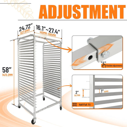 HECASA Adjustable Bun Pan Rack 25 Tier with Brake Wheels, Bakery Sheet Rack for Foodservice, Kitchen,Restaurant, Pizzeria, Hotel, Home, Aluminum, 24.72" L x 20.5" W x 58''H Oxidation