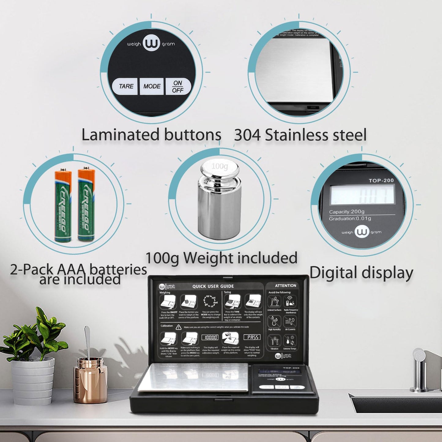 Weigh Gram 200g Digital Pocket Gram Scale 0.01g Accuracy, 200g x 0.01g Mini Digital Grams Scale, Small Food Scale, Jewelry Scale, Ounces Grains Scale With100g Calibration Weight
