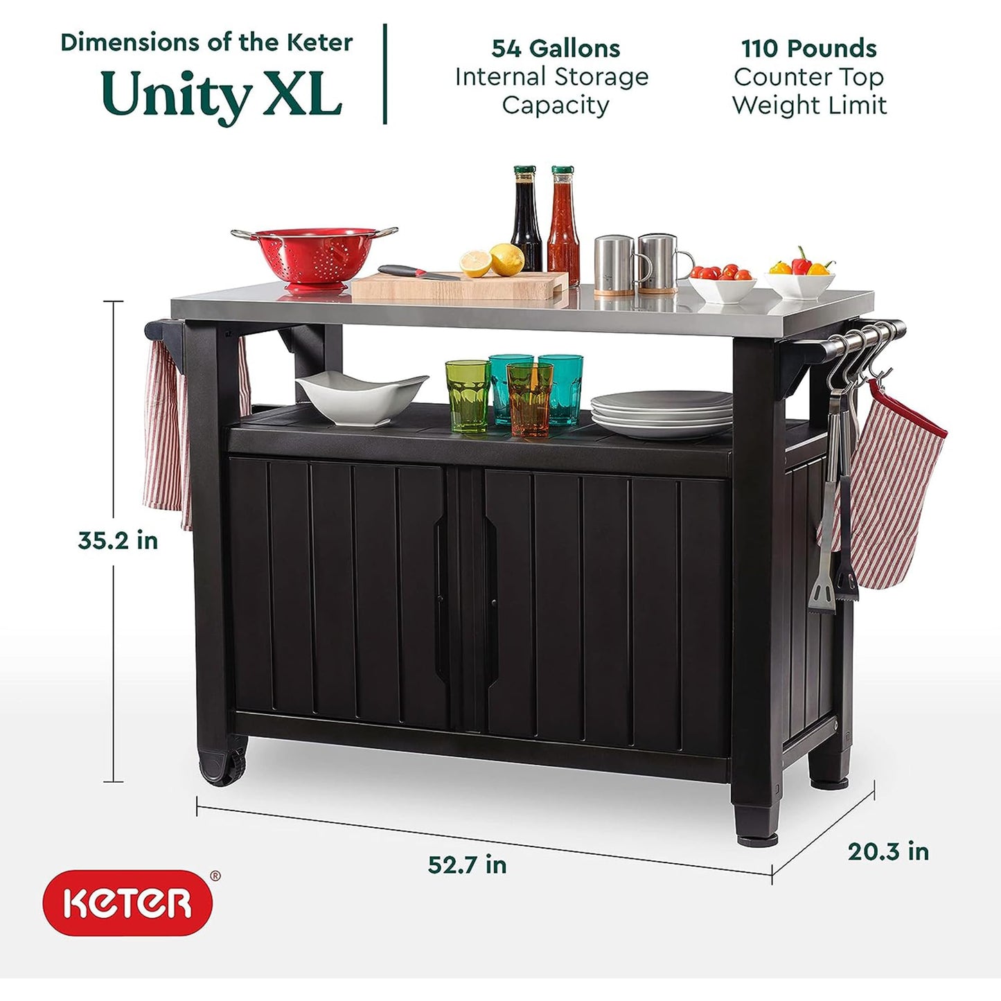 Keter Unity 40 Gallon Stainless Steel Top Patio Storage Grilling Bar Cart and Unity XL Outdoor Kitchen Rolling Bar Cart with Storage Cabinet, Brown