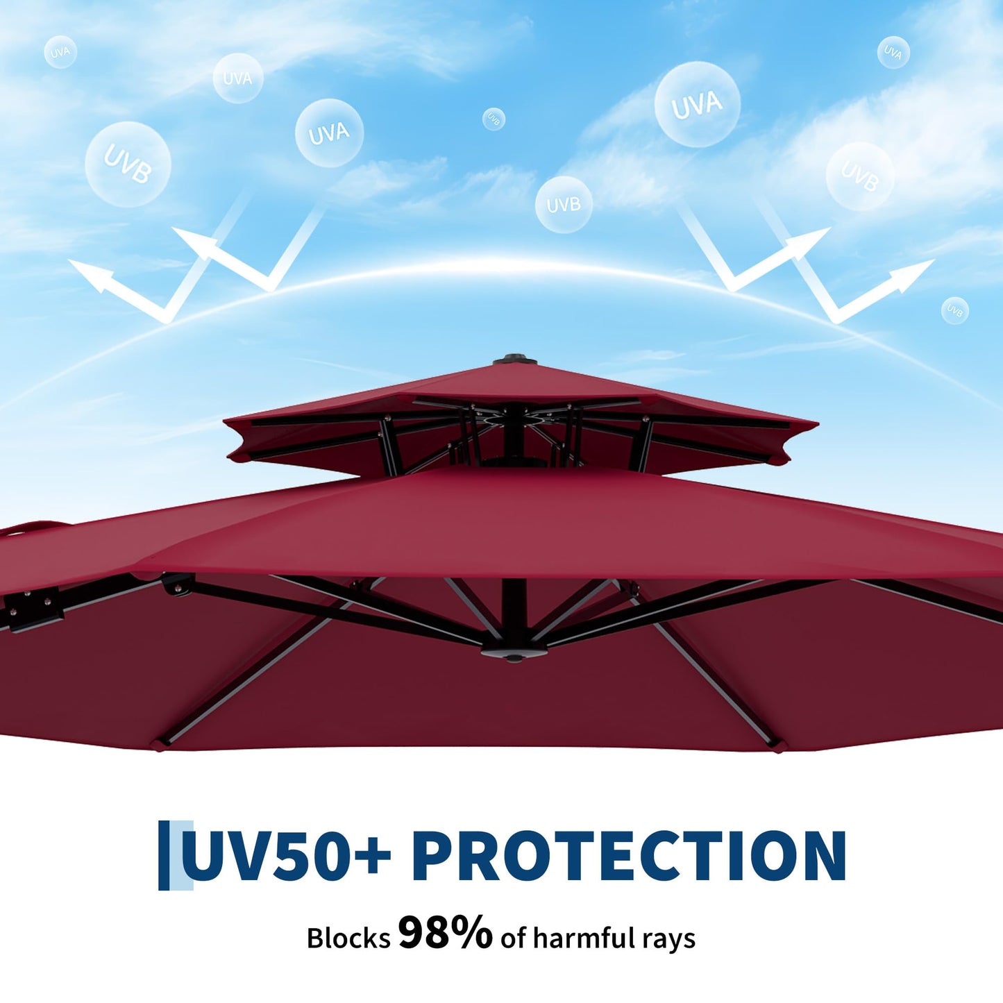 10x10 ft Round Outdoor Umbrella, Cantilever Patio Umbrella with 360° Rotation & Adjustable Height, Heavy Duty Aluminum Umbrella Outdoor Patio for Garden Poolside,Burgundy Red (Base Not Included)