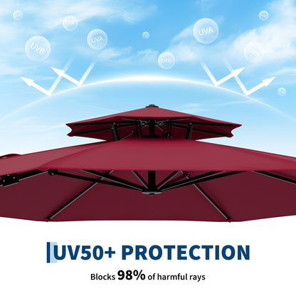 10x10 ft Round Outdoor Umbrella, Cantilever Patio Umbrella with 360° Rotation & Adjustable Height, Heavy Duty Aluminum Umbrella Outdoor Patio for Garden Poolside,Burgundy Red (Base Not Included)