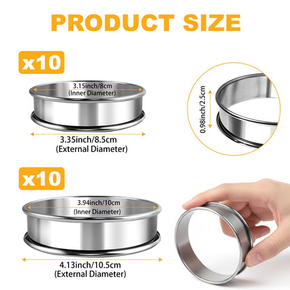 20 PCS English Muffin Rings - 4 Inch and 3.35 Inch Set Stainless Steel Crumpet Rings, Nonstick Muffin Pastry Cake Cookie Ring, Double Rolled Metal Round Tart Ring Egg Molds for Home Baking Cooking