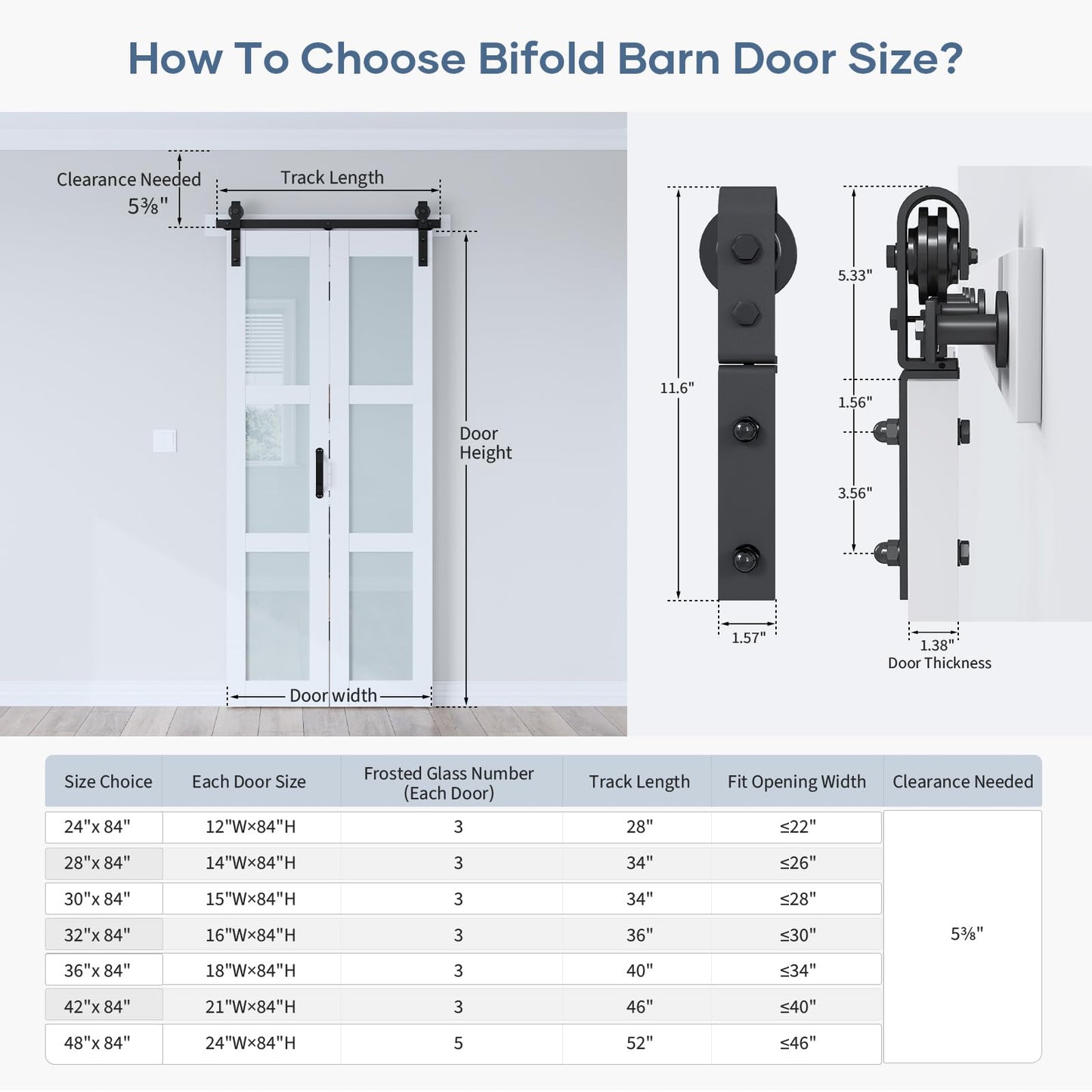 EaseLife 28"x 84" (Double 14" x 84") Bifold Barn Door, Bifold Sliding Barn Door with Hardware Kit, Solid MDF Wood Slab Covered with Water-Proof PVC Surface, Frosted Glass Panel, Assembly Required