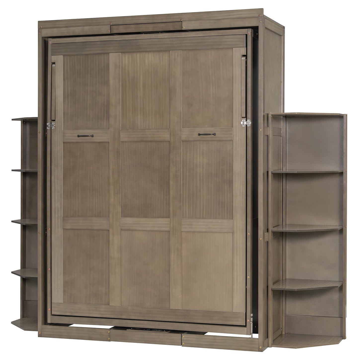 Rotating Full Murphy Bed with Hidden Wall Cabinet, Dual 3-Tier Side Shelves, Convertible Desk, Extra Storage Racks, Space-Saving Multifunctional Wall Bed for Home Office &Small Rooms, Gray