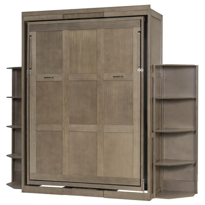 Rotating Full Murphy Bed with Hidden Wall Cabinet, Dual 3-Tier Side Shelves, Convertible Desk, Extra Storage Racks, Space-Saving Multifunctional Wall Bed for Home Office &Small Rooms, Gray