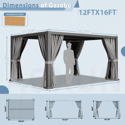 Aoxun Louvered Pergola 12' x 16' Aluminum Outdoor Pergola with Independent Adjustable Roofs, Curtains and Netting, Built-in Drainage System for Patios & Backyards, Rust Resistant Frame