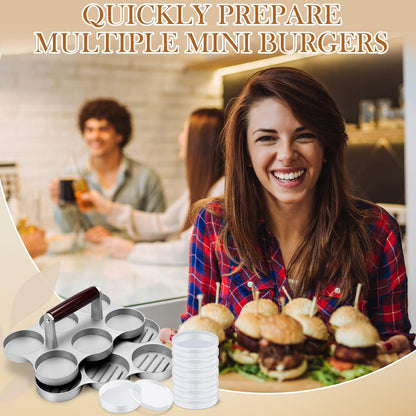 Reallnaive Mini Burger Press with 200 Patty Papers and 6 Storage Containers 6 Slots Meat Sausage Patty Maker Paper Sheets Set for Small Burger Barbecue, Make 6 Pieces at Once