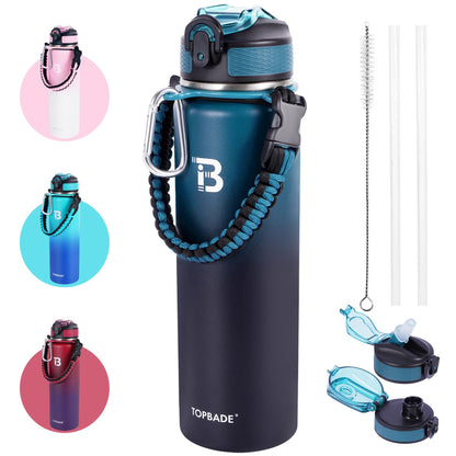 TOPBADE 32oz Water Bottle Stainless Steel with Straw, Insulated Water Bottle with Paracord Handle & Spout Lids, Double Wall Sweat-Proof BPA-Free Metal Insulated Flask BLUE BLACK