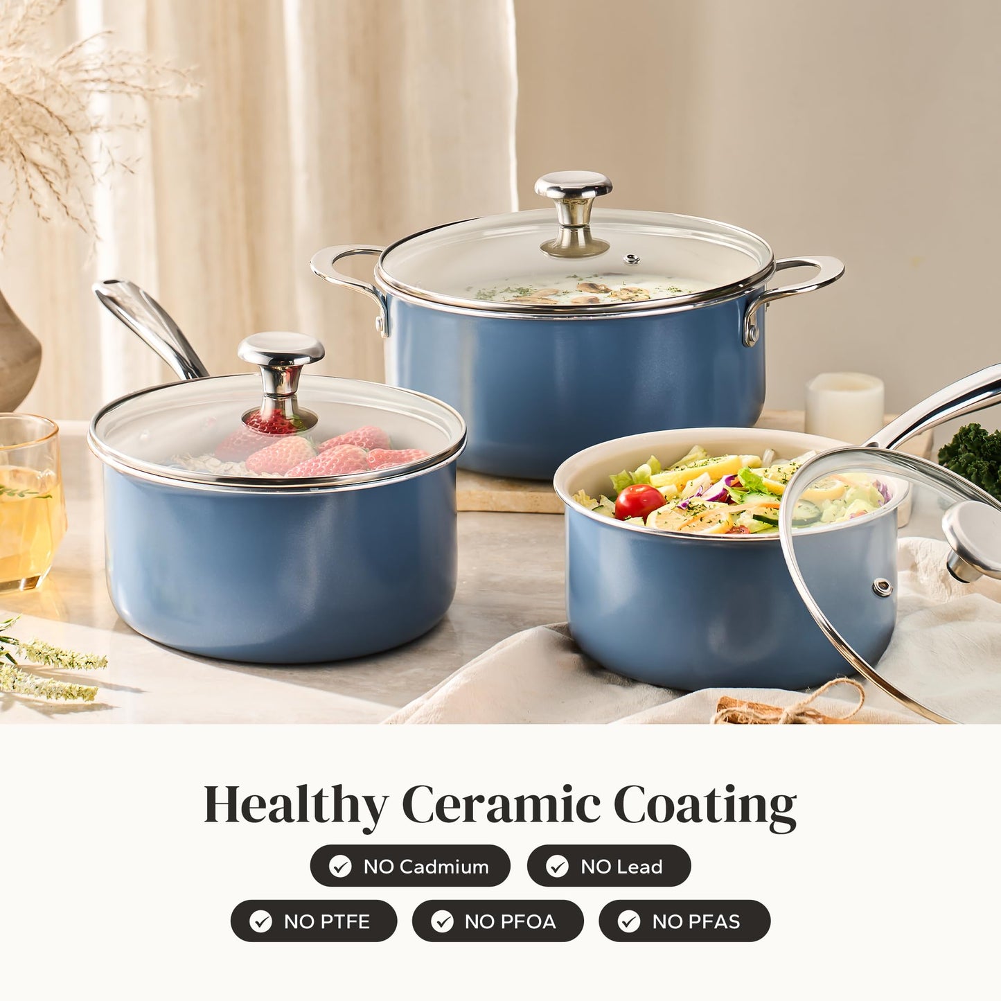 Redchef Non-stick Stock Pots Set 5QT, Sauce Pan with Lids(2.5QT, 3.5QT) Multifunctional Kitchen Cookware Sets, Non Toxic with Stay Cool Handle, PTFE & PFAS & PFOA Free, Dishwasher/Oven Safe (Blue)