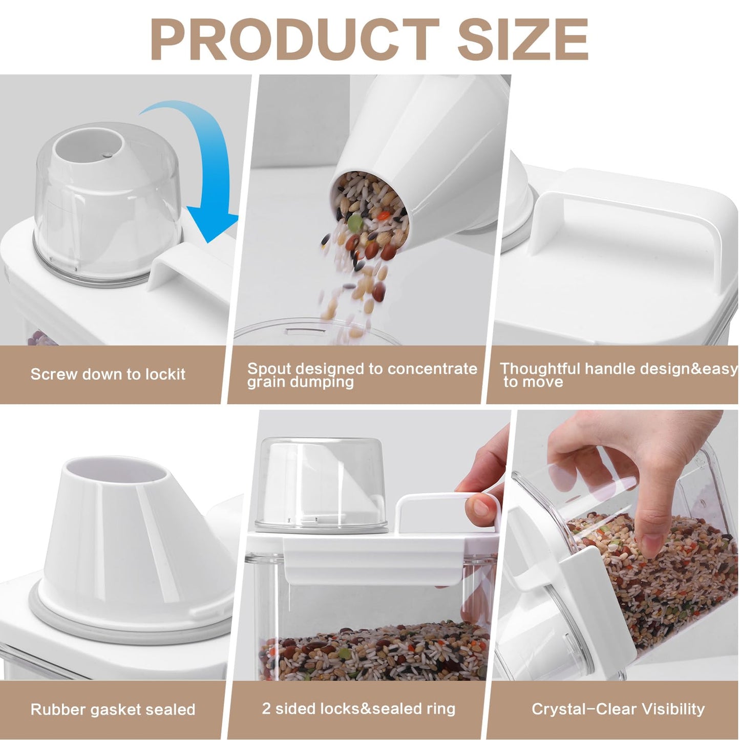 Air Tight Cereal Container Organizer Set of 6 - 1800ML & 2300ML Total 417oz, Dry Food Storage for Pet Food, Rice, Oatmeal with Pour Spout Lid and Plastic Small Measuring Cup for Flour and Sugar