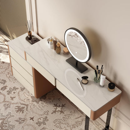 Lartis Faux Leather Makeup Vanity Desk Set with LED Lighted Mirror Luxury Dressing Makeup Table with Storage Drawers & Vanity Stool, Vanities (Brown/Gray)