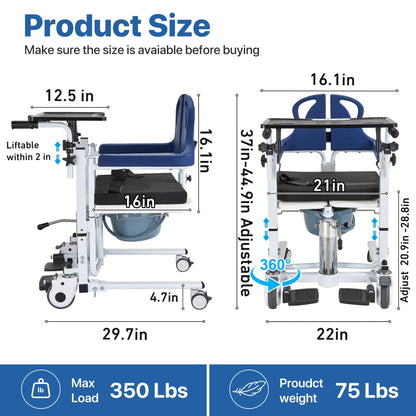 Patient Transfer Lift Chair, 350 lb Capacity, 180° Split Seat, Hydraulic Commode Wheelchair for Elderly, Bed to Toilet