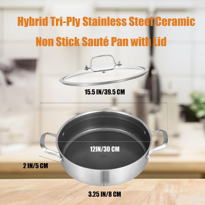 Inqibee 6 QT Hybrid Nonstick Saute Pan with Lid, Tri-Ply Stainless Steel 12 Inch Deep Frying Pan Cookware, Induction Compatible, All Cooktops, Oven & Dishwasher Safe