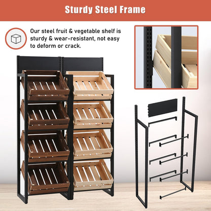 ZJKXJH 4 Tier Wood Fruit and Vegetable Basket Stand Rack, Commercial Produce Potatoes and Onions Floor Storage, Detachable Supermarket Retail Display Holder/Wine Shelf(Black Rack+Wooden Basket)