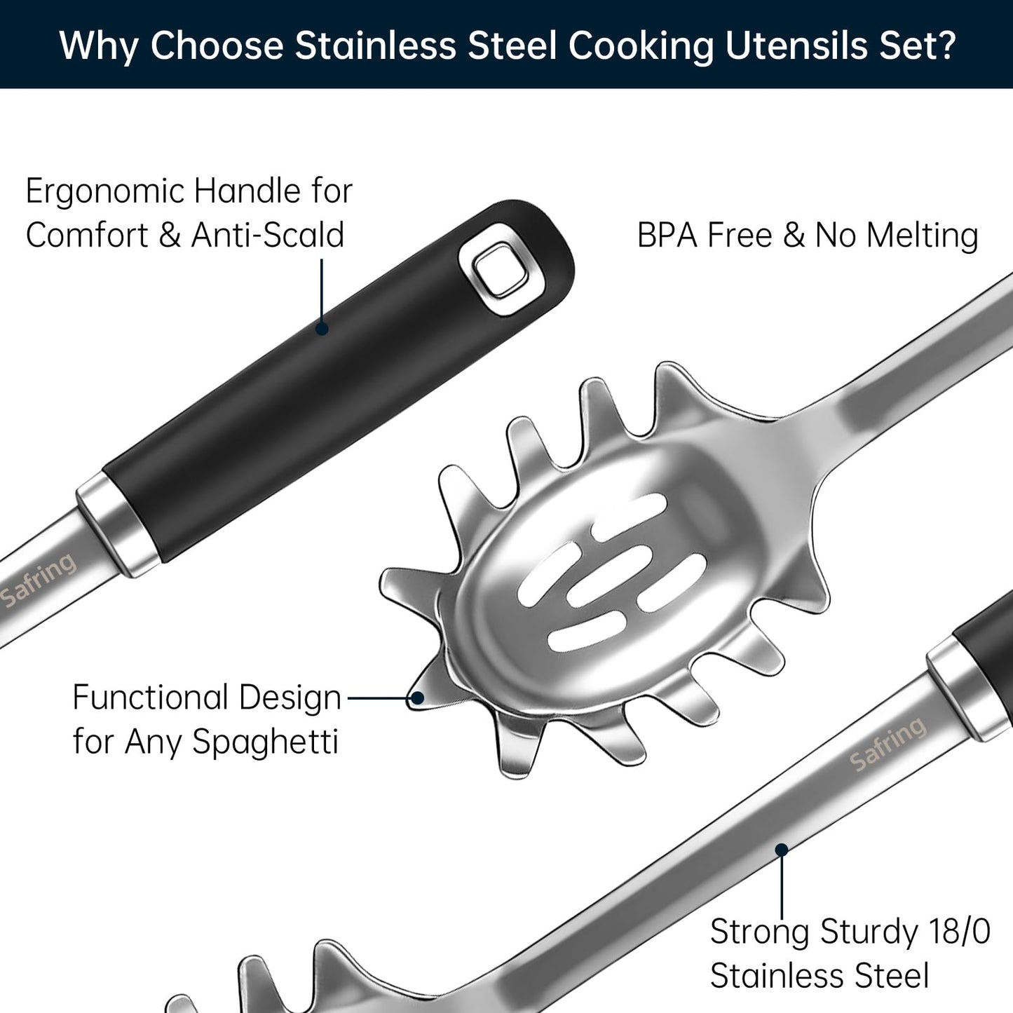 Safring Stainless Steel Soup Ladle and Spaghetti Spoon Set, Heat Resistant Rubber Handle, Dishwasher Safe, Kitchen Utensils for Cooking, Stirring, Serving Pasta, Soup & Sauce