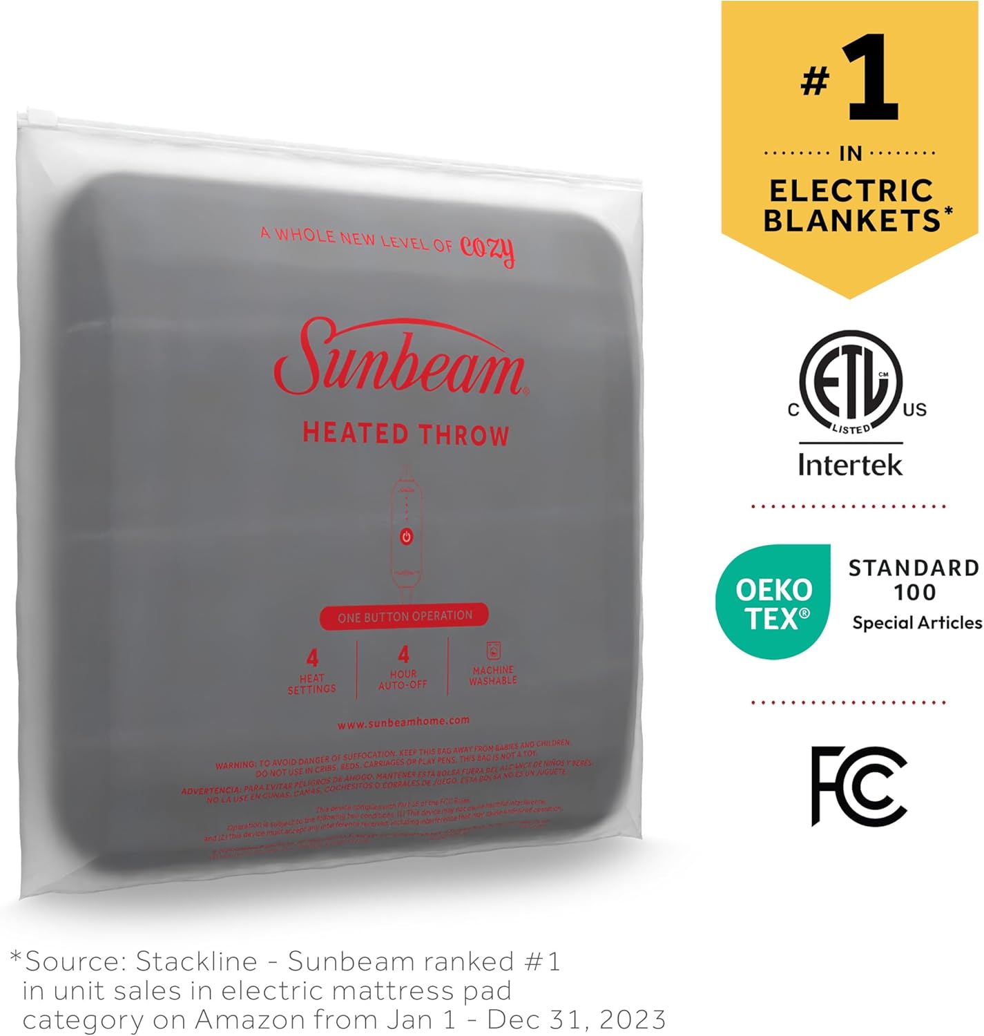 Sunbeam Royal Ultra Heated Personal Throw / Blanket, Cozy-Warm, Adjustable Heat Settings, Rodeen Blue Plaid