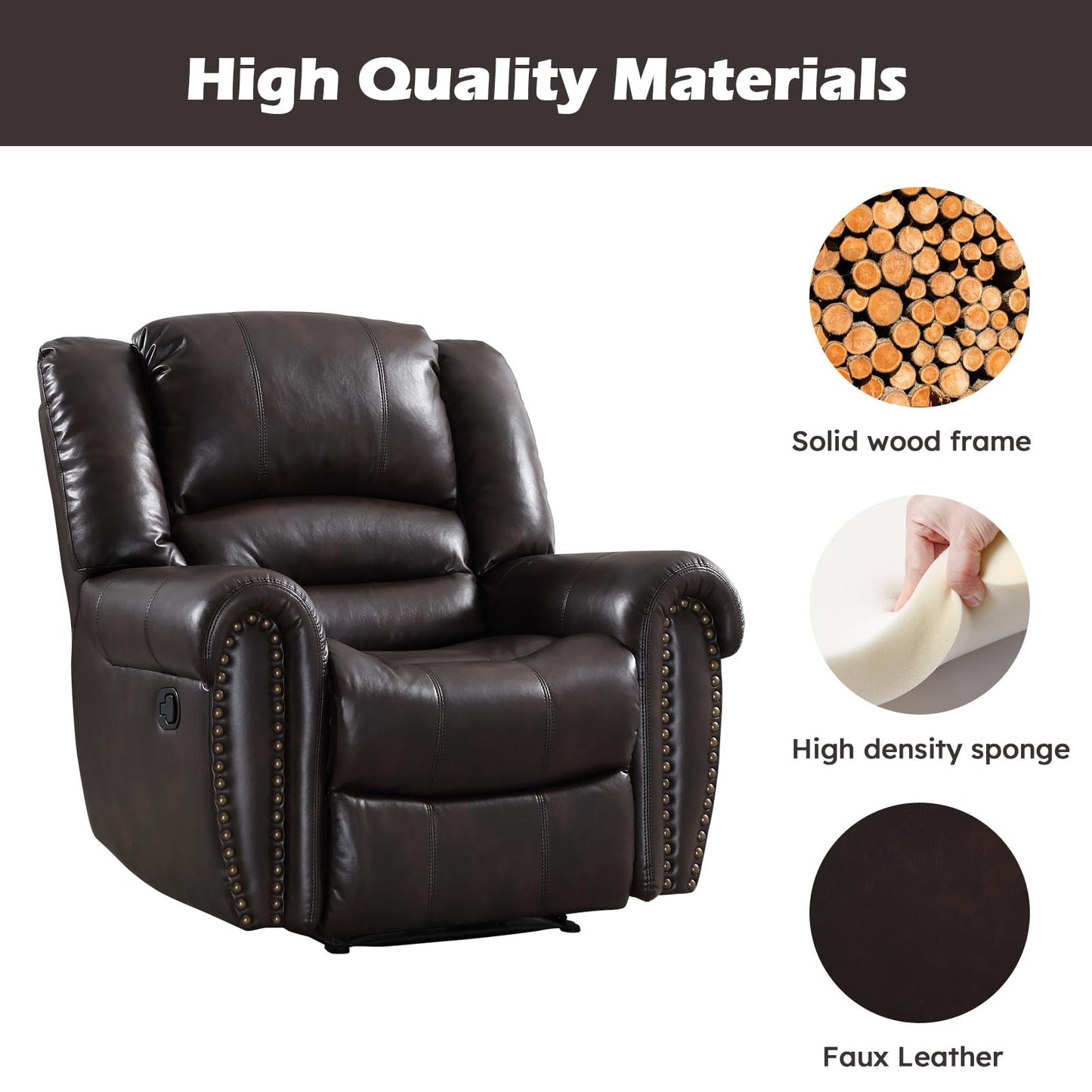 CANMOV Leather Recliner Chair, Classic and Traditional Manual Recliner Chair with Comfortable Arms and Back Single Sofa for Living Room, Dark Brown