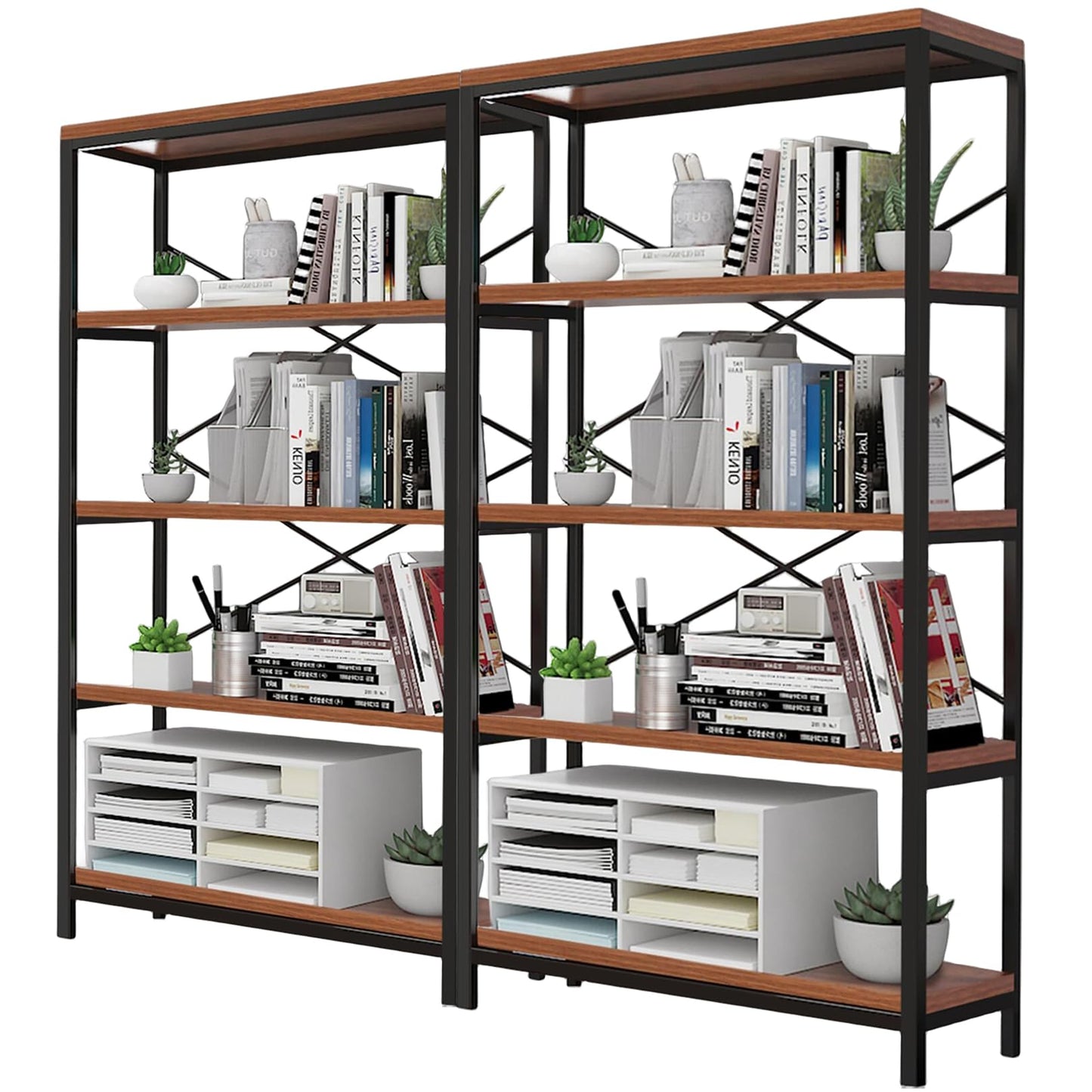 Himimi Industrial Bookshelf 5-Tier Set of 2, Bookcase 58" H Ladder Shelf, Storage Shelves Rack Shelf Unit, Accent Furniture Metal Frame, Home Office Furniture, Vintage Brown（2PCS）