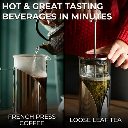Cafe Du Chateau Stainless Steel French Press Coffee Maker 34 oz - Easy to Use Insulated Coffee Press with 4-Level Filtration, Manual Brewer for Tea, Camping & Travel with BPA Free, Durable Clear Glass