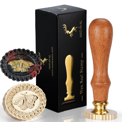 3D Embossed Moth Wax Seal Stamp - Wooden Handle with Brass Metal Head, Defor for Envelope/Bag/Gift Packing, Making Product Tag Arts Crafts DIY