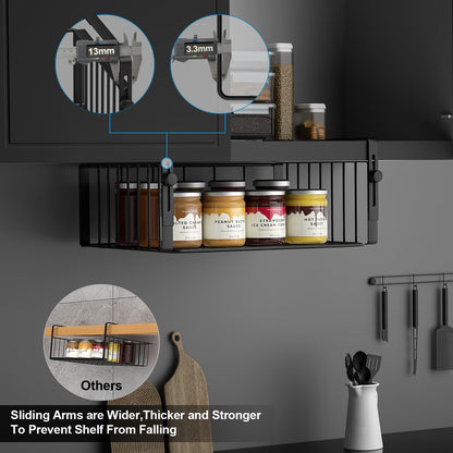 AmonHouseware 2Pack Under Shelf Basket Organizer,Adjustable Hanging Holder Storage for Cabinet Pantry Kitchen Cupboard Desk Counter Bookshelf Organization Add-on Space Saver Heavy Duty Slide-in,Black
