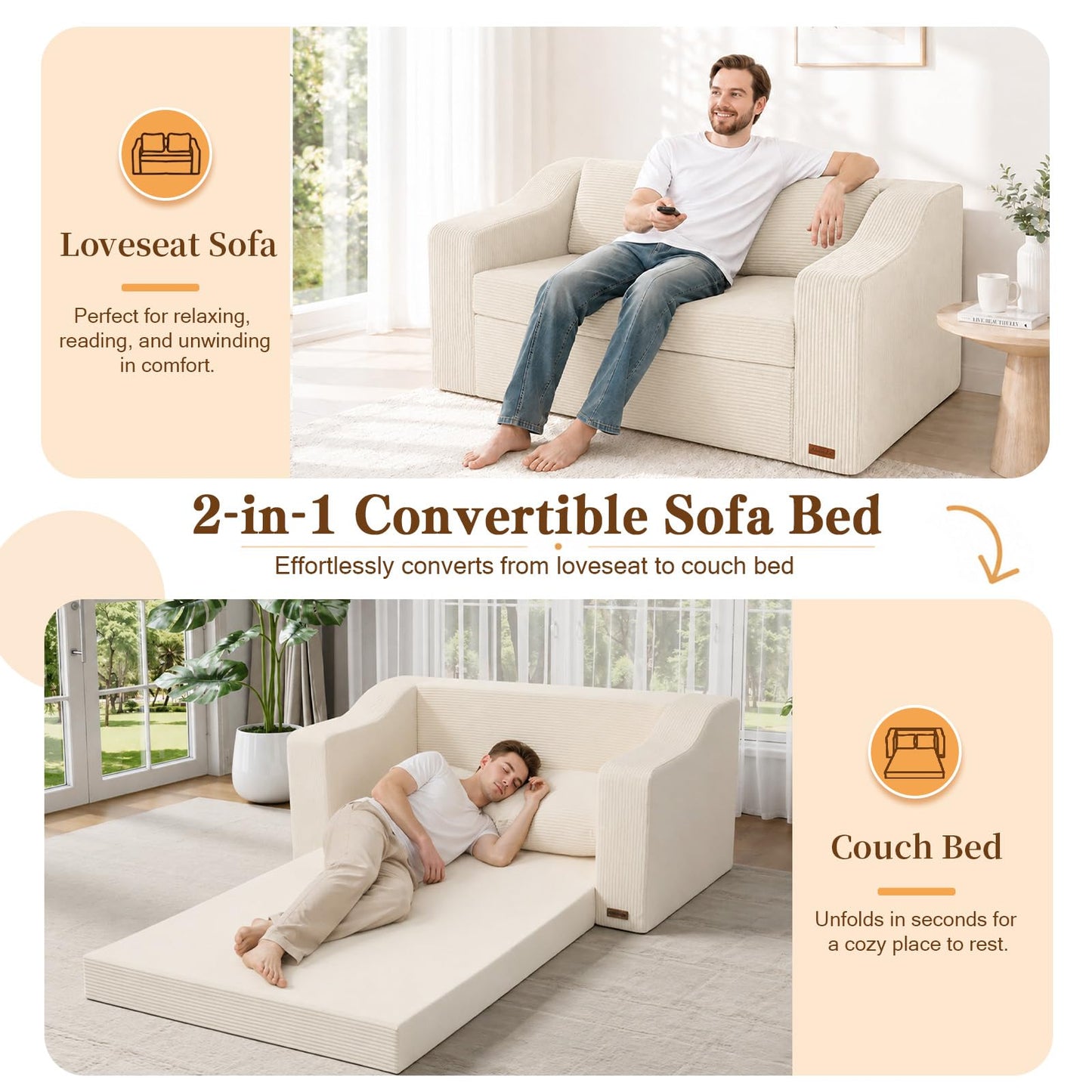 MeMoreCool Convertible Sofa Bed, Pull Out Loveseat Sofa Sleeper Couch for Bedroom Living Room Lounge, 2 in 1 Small Couch Bed with Pillow, Foldable Love Seat Futon Corduroy Beige