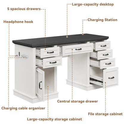 Jocoevol Farmhouse 57" Executive Desk with 7 Drawers, Home Office Desk with File Cabinet Storage, Computer Desk with Charging Station and Headphone Hook for Work, Study, Writing, White