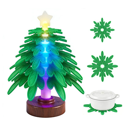Silicone trivet tree Placemats, Tree Trivet Set-6pcs Trivets for HotDishes with Stand, Wooden-Style Tree Trivet Look, Non-Slip Washable Trivet, Trivets with RGB Light, Tree Pot Holder for Various dish
