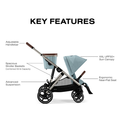 Cybex Gazelle S Stroller Modular Double for Infant and Toddler Includes Detachable Shopping Basket Over 20+ Configurations Folds Flat Easy Storage, Sky Blue, 1.0 Count, 5.0 liters, 28.4 pounds