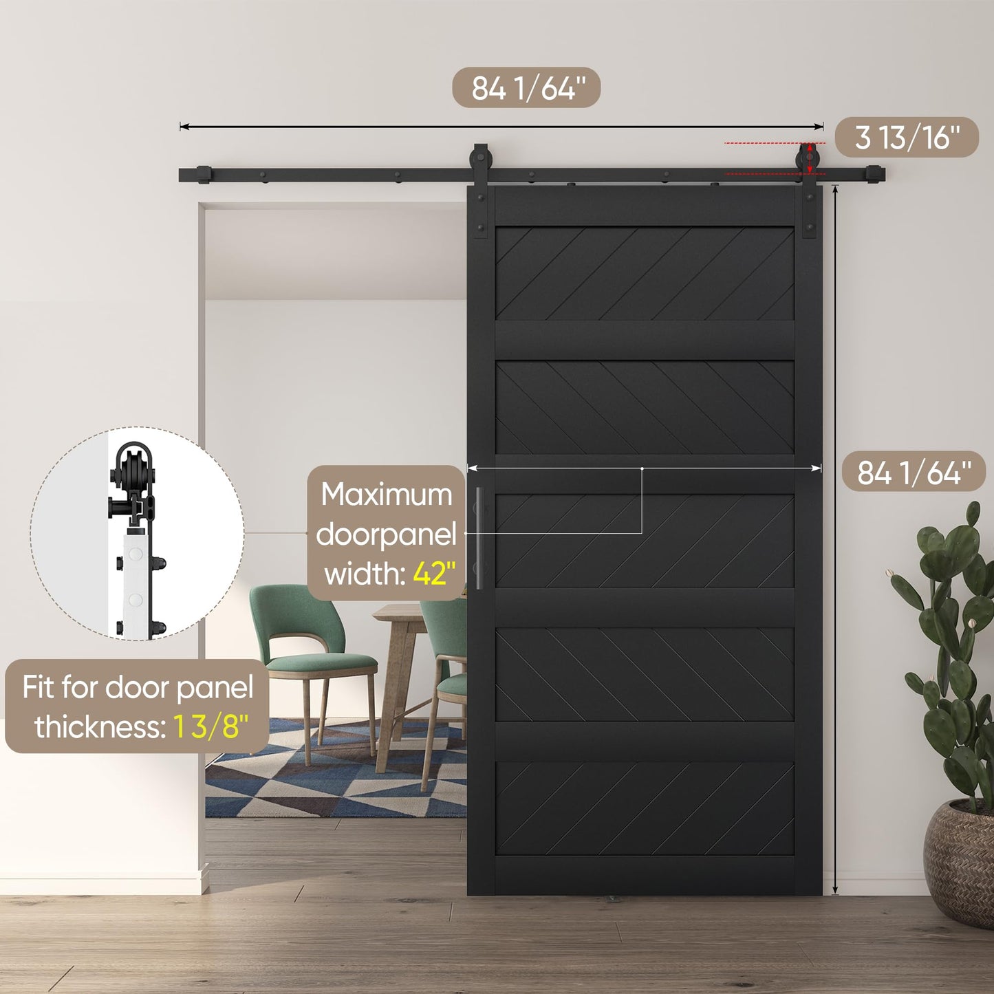 JUBEST 42" x 84" Barn Door, Slding Barn Door Kit Wav-Shape Barn Door Panel with Hardware Kit Include, Easy Installation, Solid Wood, MDF & PVC Covered, Black