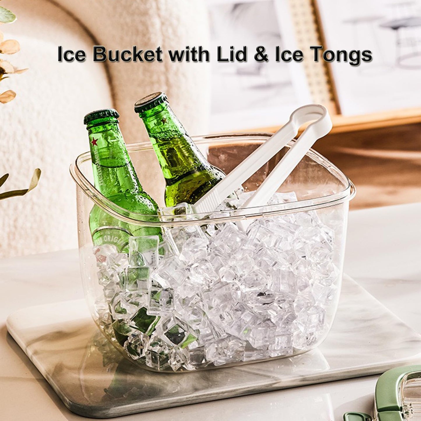 Siuper 4QTS Ice Cube Storage Bin with Sealed Lid for Freezer Clear Ice Bucket w/ Tong for Bar Hotel Refrigerator Containers for Home Beverage Cooler for Whiskey Wine Beers Party Outdoor 8.5*6.6*7.4in