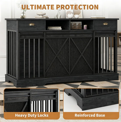 63" Large Dog Crate Furniture, Heavy Duty Indoor Dog Kennel with Removable Divider, Sliding Doors, 2 Drawers and Open Shelves, Decorative TV Stand for Living Room, Black
