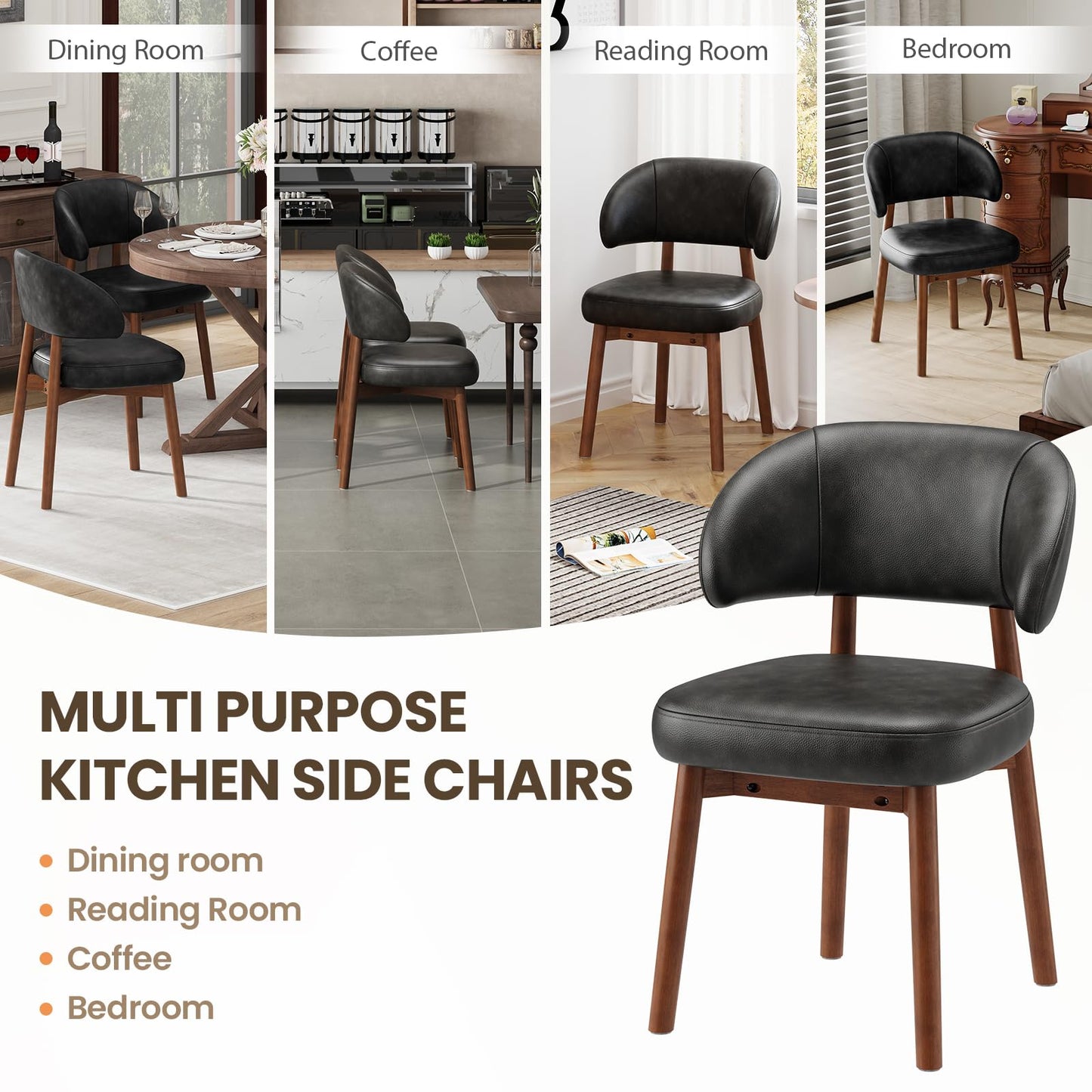 MALOL Wooden Dining Chairs Set of 6, Modern Upholstered Dining Room Chair, PU Leather Kitchen Side Chairs with Curved Open Back for Living Room/Restaurant/Cafe, Black