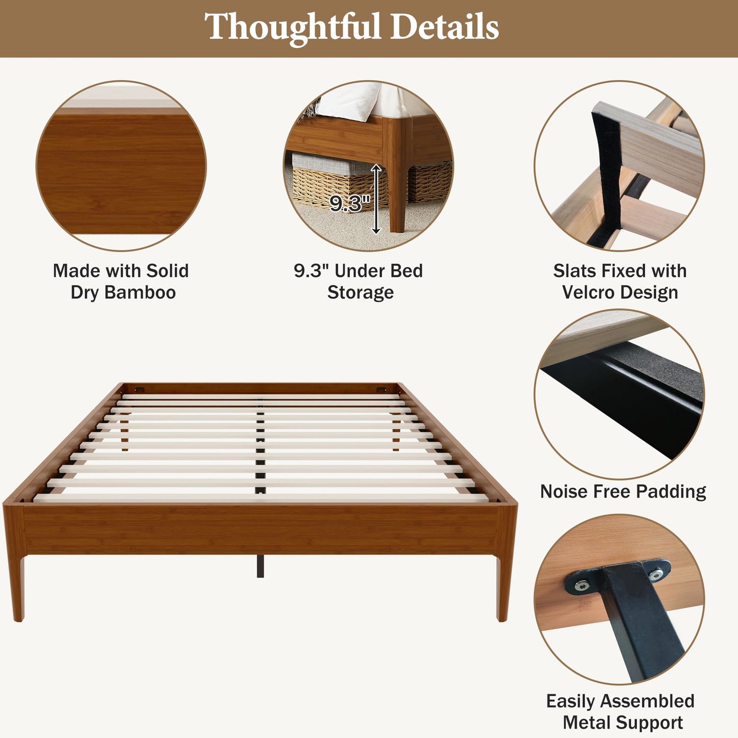 Merax Full Size Solid Dry Bamboo Wood Platform Bed, Mid-Century Minimalist 15" High Bed Frame with Wood Slat Metal Support, No Box Spring Needed, Easy Assembly (No Headboard), Brown