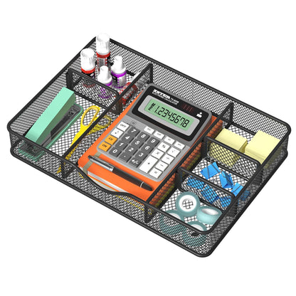 VyGrow Desk Drawer Organizer, Metal Mesh Drawer Organizer Tray with 6 Adjustable Compartment, Tray Organizer for Desktop, Kitchen, Bathroom, Makeup, Vanity - 14.5x8.8x1.96 inch, Black, 1PC Large