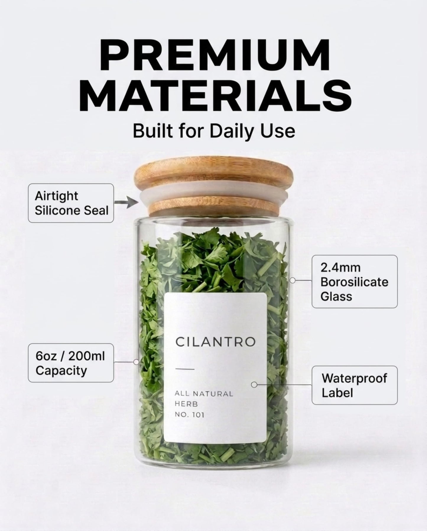 Bloomondo Empty Spice Jars with Label Pack (12x Bamboo Lid Glass Jar). Small 6oz Spice Storage Bottles with 112 Printed Stickers and 48 Writable Pantry Labels for Seasoning Containers