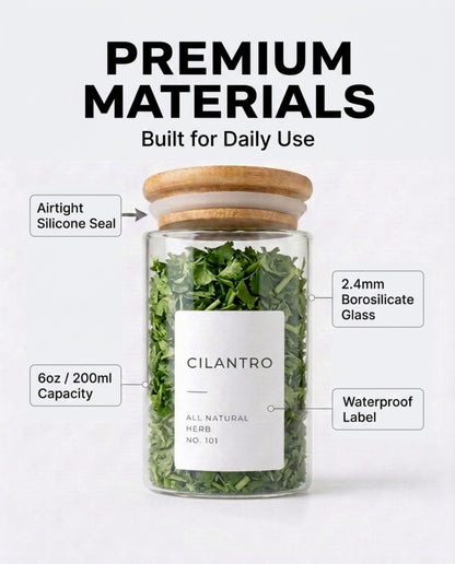 Bloomondo Empty Spice Jars with Label Pack (12x Bamboo Lid Glass Jar). Small 6oz Spice Storage Bottles with 112 Printed Stickers and 48 Writable Pantry Labels for Seasoning Containers