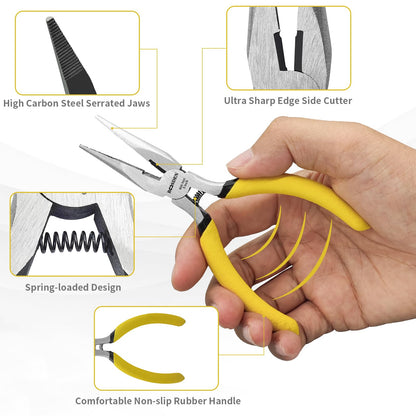 BOOSDEN 5 Inch Small Needle Nose Pliers Set of 5, Precision Long Nose Pliers with Side Cutter & Spring, Mini Fine Tip Jewelry Making Pliers for Electronics, Craft, DIY, Beading, Model Building