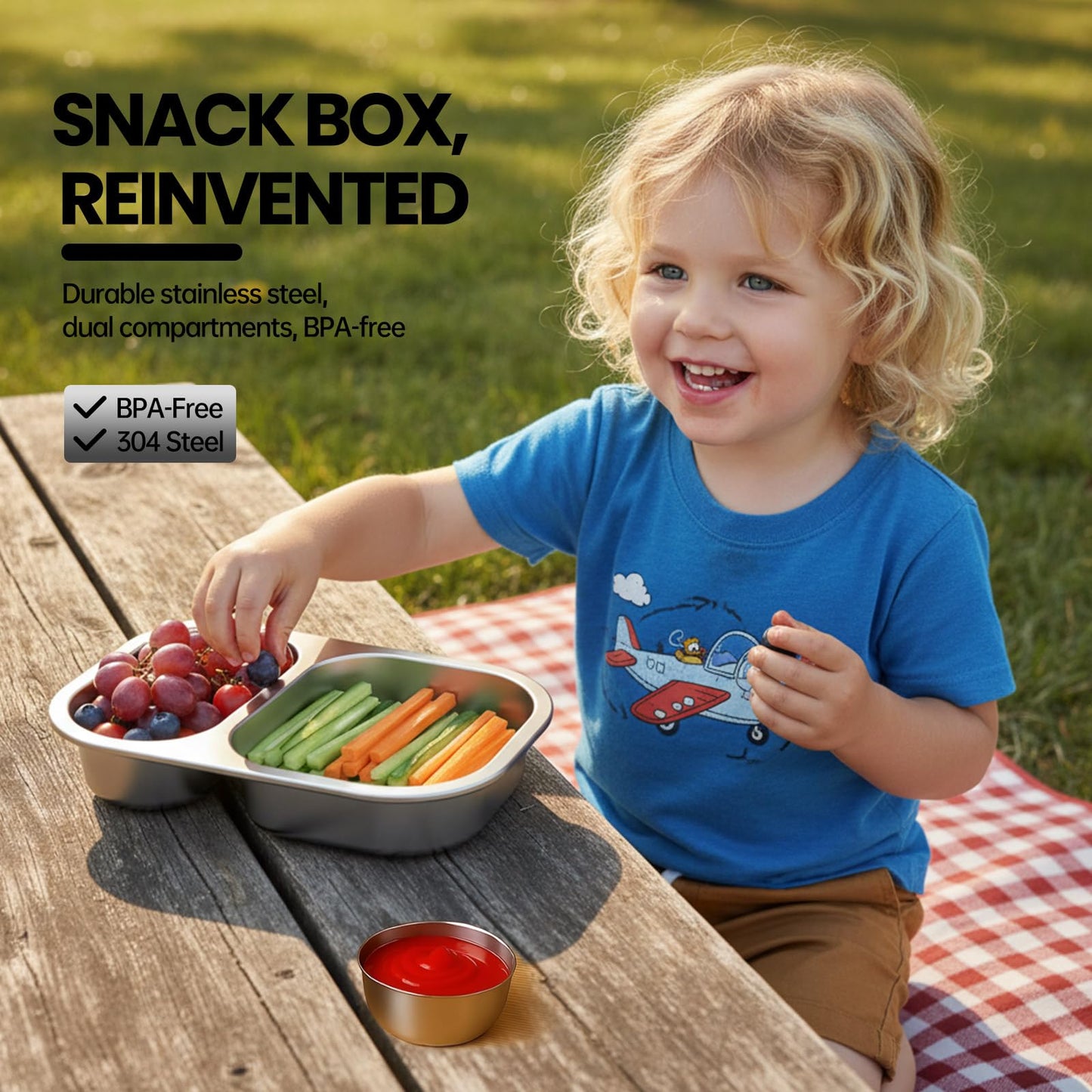 CODIEKEY Snackle Box Container,Dishwasher,Reusable Snack Containers With Lids,2 Compartment Stainless Steel Snack Containers,Fruits, Snacks,Nuts,Salad,travel,800ML,White&Orange,2 Pack