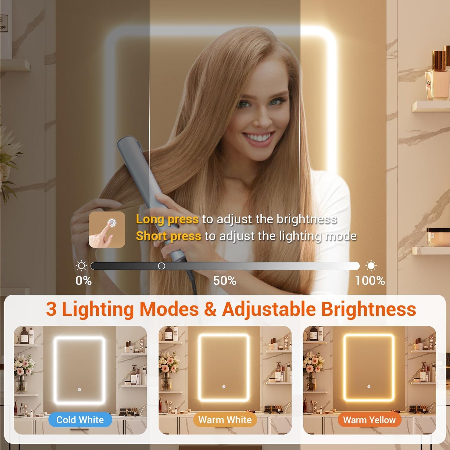 7-Drawer White Vanity Desk with Lighted Mirror & Dimmable LED Lights,Makeup Vanity Set with Power Outlets & USB Ports, 3 Color Lighting Modes, Cushioned Stool & Hair Dryer Holder, Dressing Table for