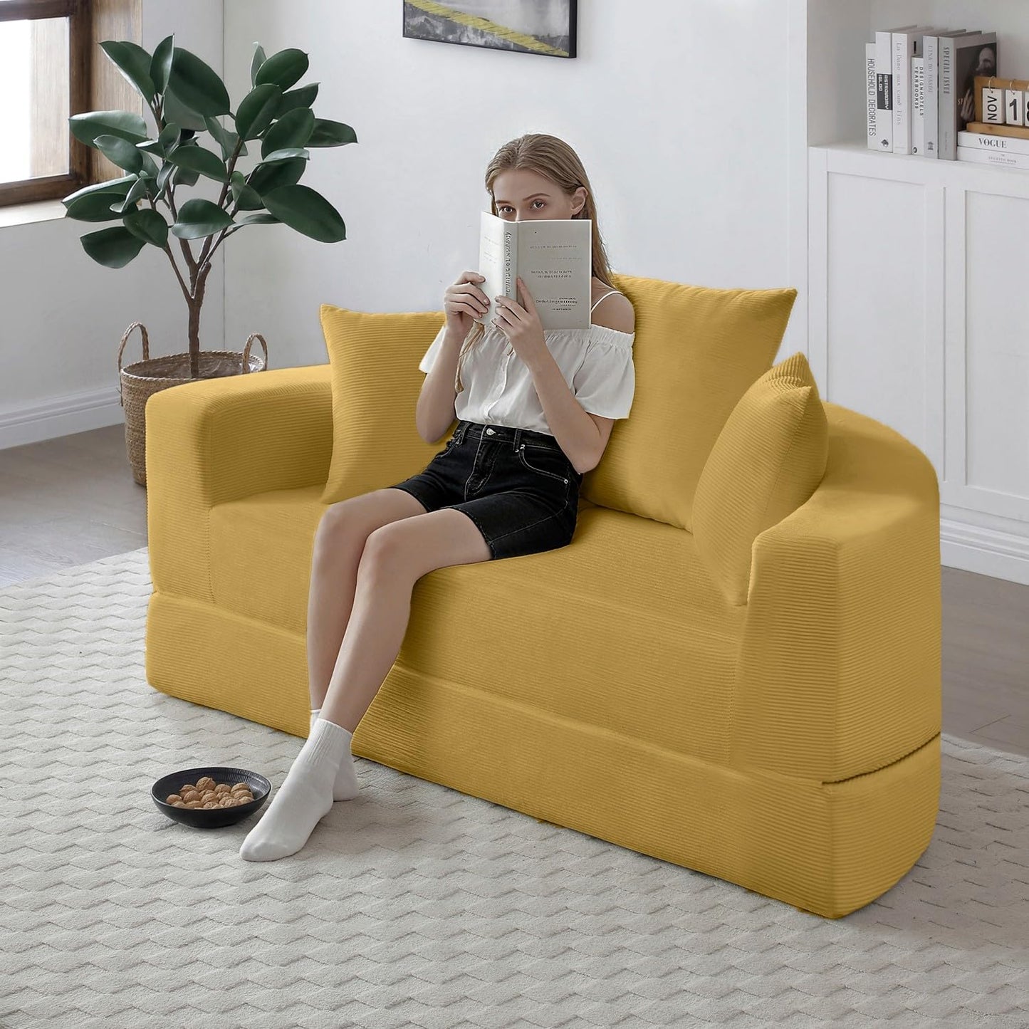 UOCFYK Folding Sofa Bed, Corduroy Circular Boneless Couch, No Assembly Convertible Sleeper Sofa with 3 Pillow, Comfy Futon Sofa Bed for Apartment, Office, Bedroom, Living Room, Yellow