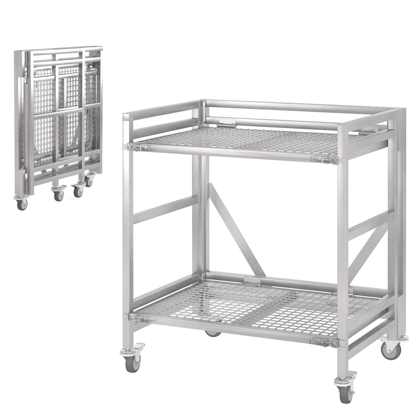 2 Shelf Rolling Cart with Wheels, 660lbs Capacity Collapsible Steel Rolling Utility Cart, Heavy-Duty Foldable Hand Truck, Metal Storage Carts with Handle for Groceries, Warehouse (36" Lx26 W)