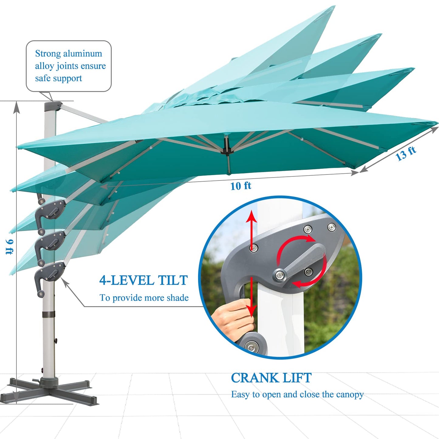 LKINBO 10x13 FT Rectangle Cantilever Umbrella with Cross Base, Heavy Duty Large Patio Umbrella 360 Degree Rotation Outdoor Offset Umbrella with Easy Tilt & Crank for Pool Deck Backyard, Turquoise