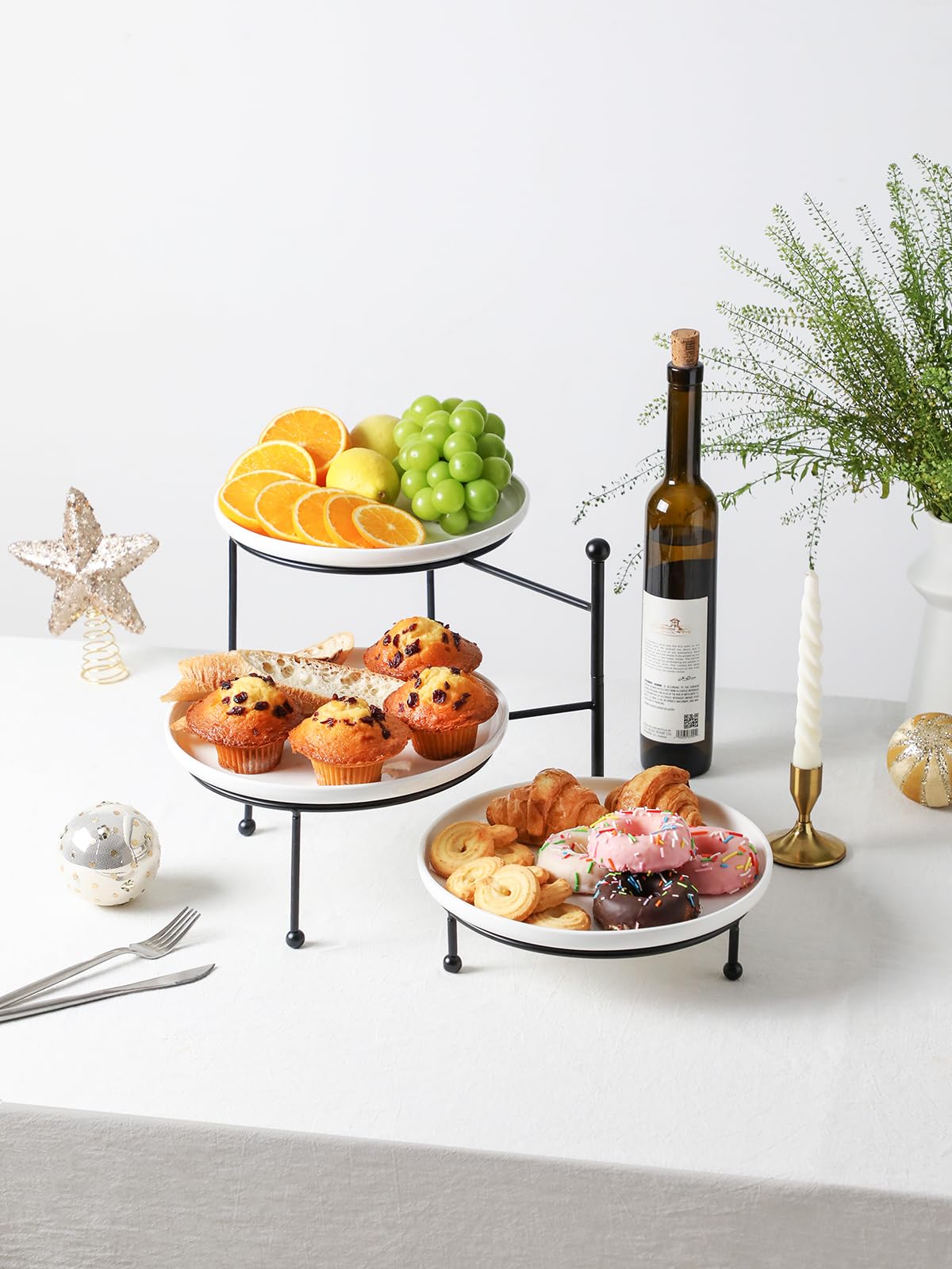 Kanwone 3 Tiered Serving Stand with White Porcelain Plates, 10" Round Tray, Dessert Table Display Set, Black Metal Stand, Versatile & Durable