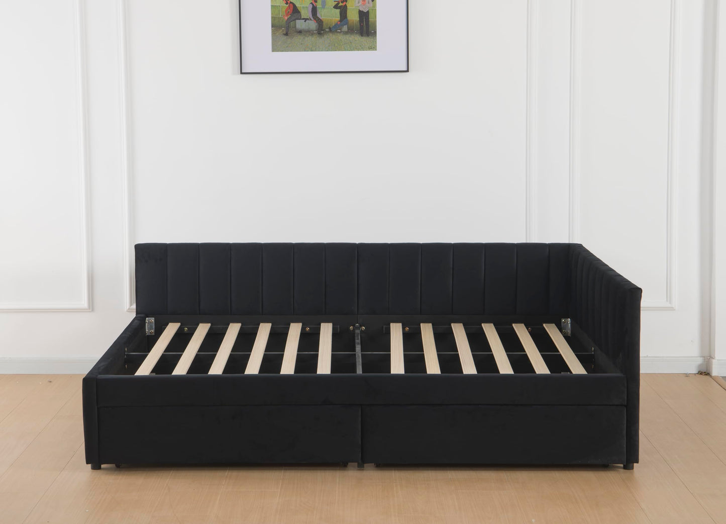GDFStudio Twin Size Daybed with Trundle, Upholstered Platform Bed Frame with LED Light, Storage Shelves, USB Charging Station, Velvet Twin Bed Frame with Slat Support, No Box Spring Needed, Dark Grey